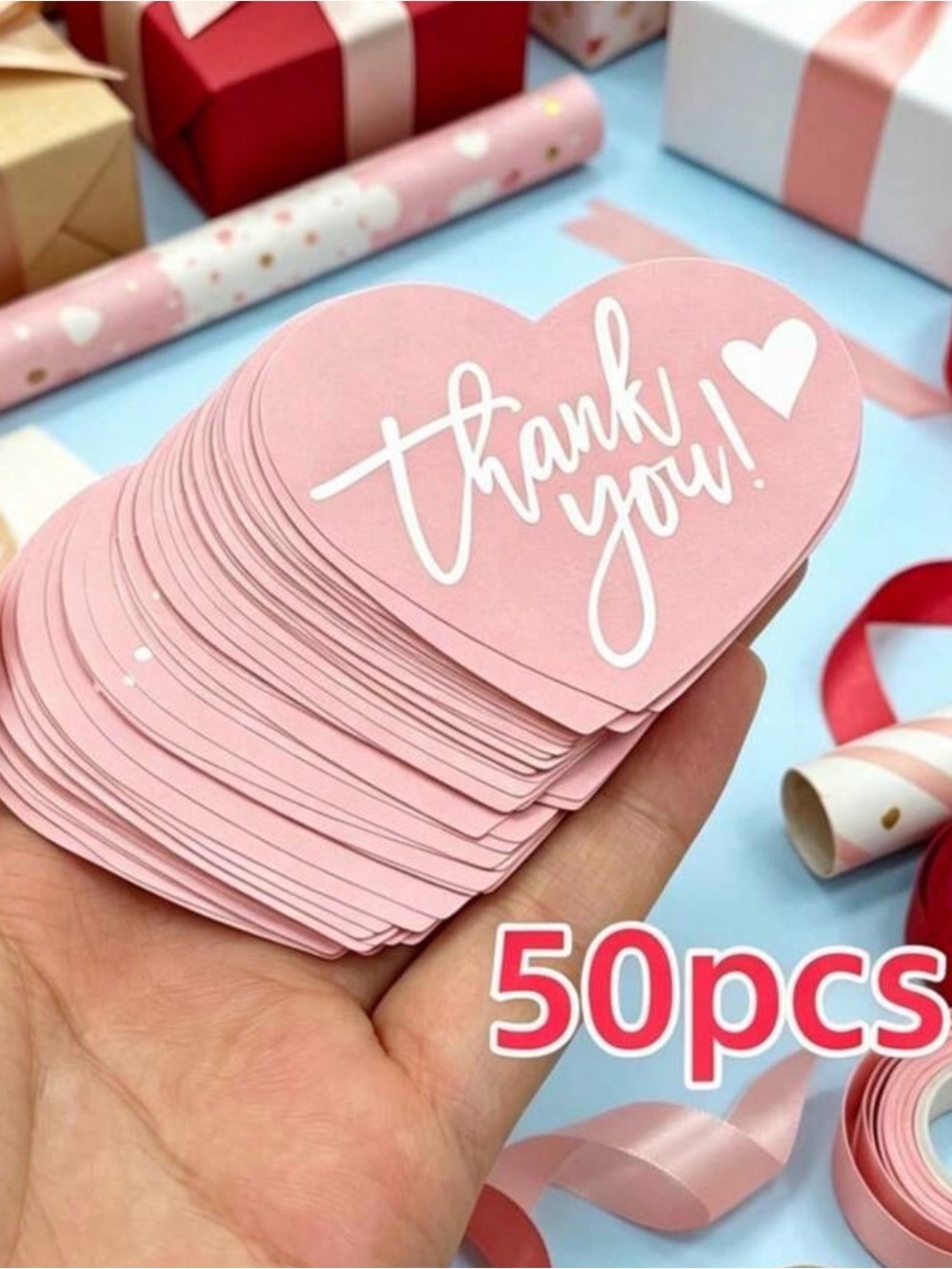 Pink Heart Thank You Cards - 50pcs